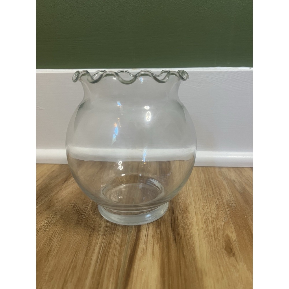 VTG Clear Glass Ruffled Top Round Pedestal Hocking Bowl Vase